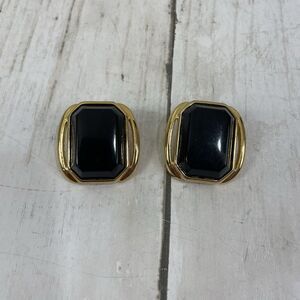 Vintage Trifari Gold Tone Black Lucite Large Clip on Earrings
